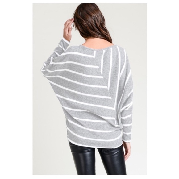 Striped gray and white top with boat neck and long sleeves. - Picture 4 of 4